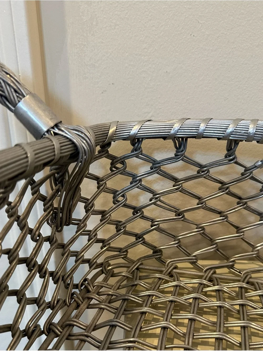 Vintage Hand Woven Mixed Metal Basket, Braided Wire Handles, Artisan Metalwork B